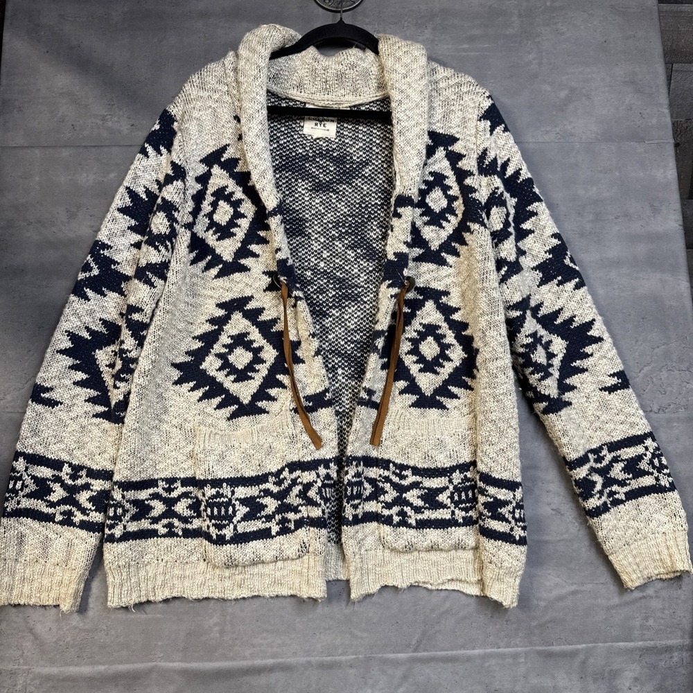 Women's Cotton Rye Aztec-print open-front cardigan Pockets Geometric Pattern. Lg